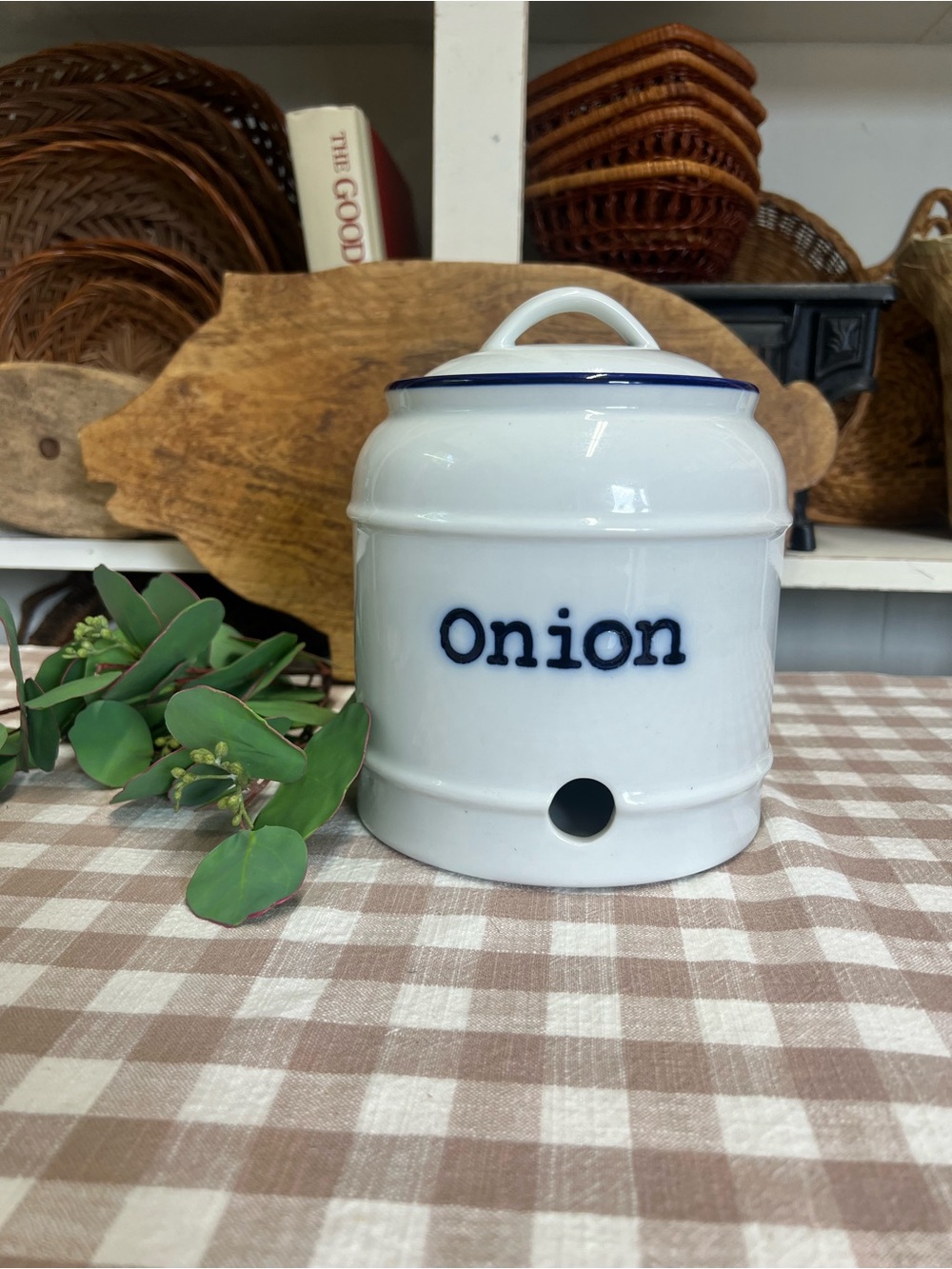 Onion canister world market storage blue white ceramic